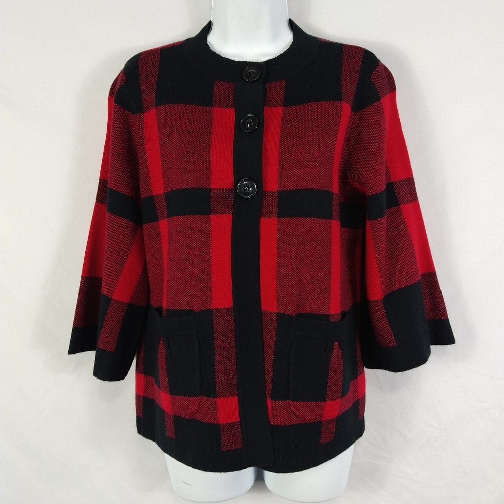 Women's Black Red Checkered Button Down Sweater Size Medium